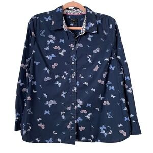 Talbots Top Womens Large Petite Navy Butterfly Print Button Down Shirt Cotton